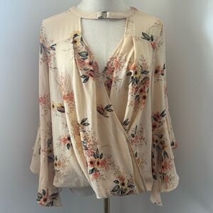 JODIFL Cream w/ Floral Print 3/4 Ruffle Bell Sleeve V Neck Wrap Style Blouse